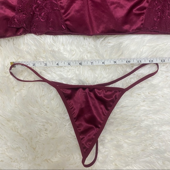 SHEIN | Satin Lace & Bows Babydoll Slip & G String Lingerie Maroon - Picture 9 of 14